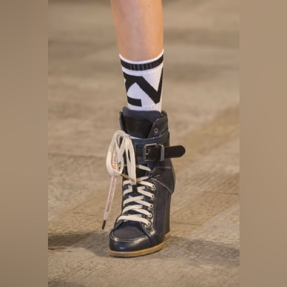 Zadig & Voltaire Spr- Sum 2019 Blue Denim and Dark Blue Leather Sneaker Wedges - Picture 2 of 13